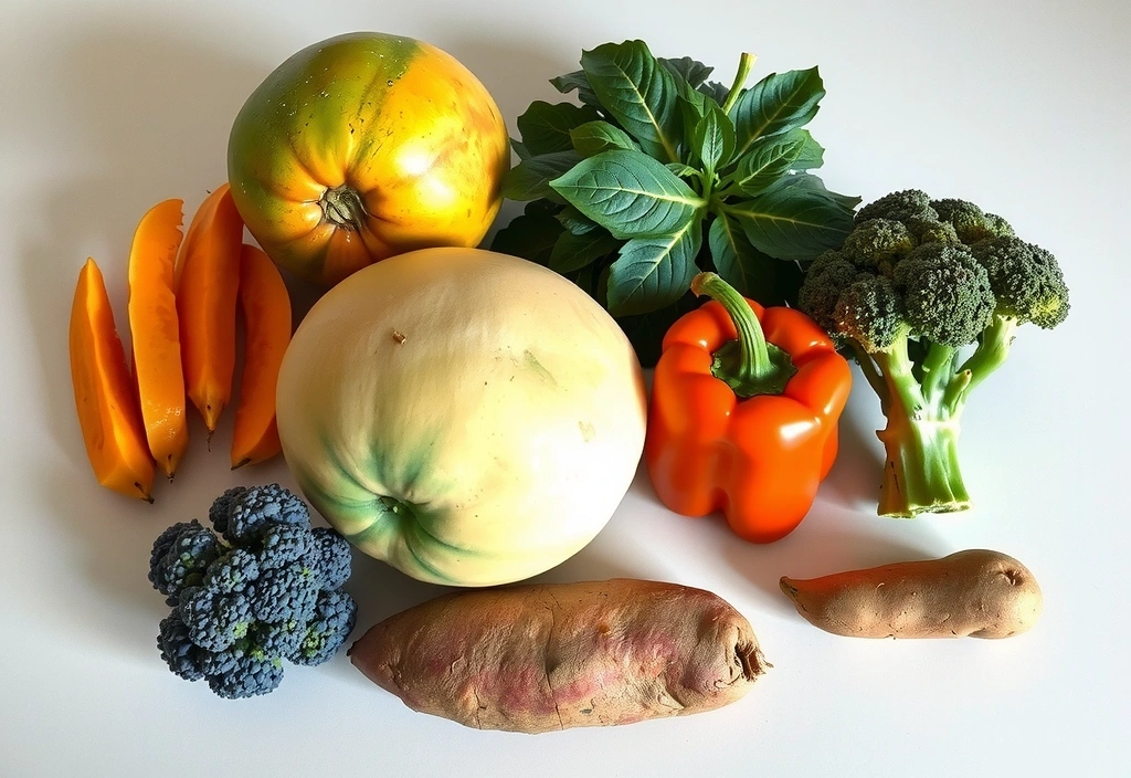 Μια ποικιλία από φρούτα και λαχανικά πλούσια σε βιταμίνη Α, όπως μάνγκο, πεπόνι, σπανάκι, μπρόκολο και πιπεριές, σε ένα φωτεινό και υγιεινό περιβάλλον.