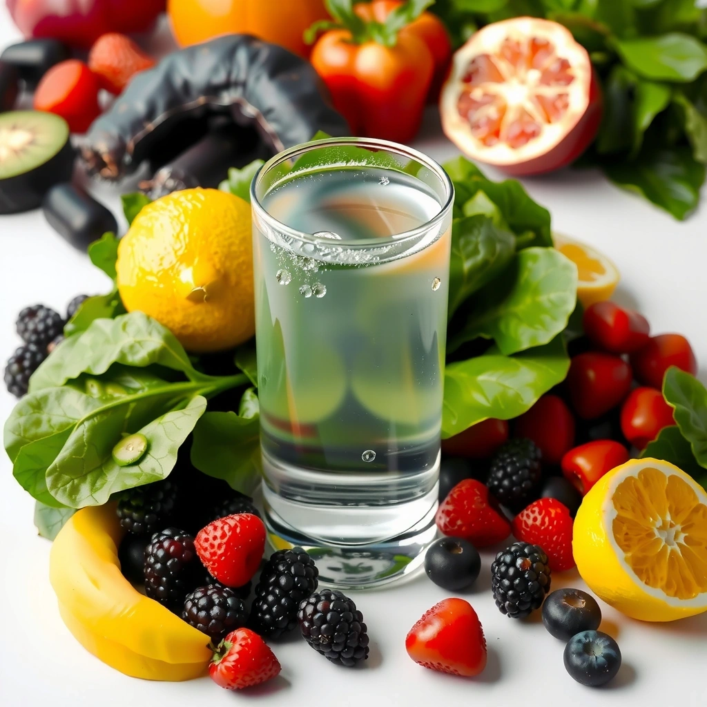 Ένα ποτήρι νερό με σταγόνες, δίπλα σε φρέσκα φρούτα και λαχανικά.