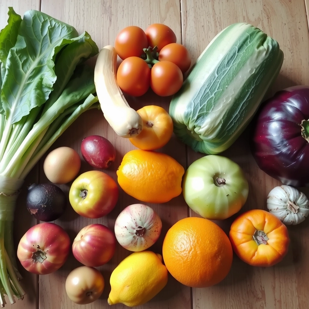Ποικιλία από πράσινα φυλλώδη λαχανικά και φρούτα σε ένα ξύλινο τραπέζι.