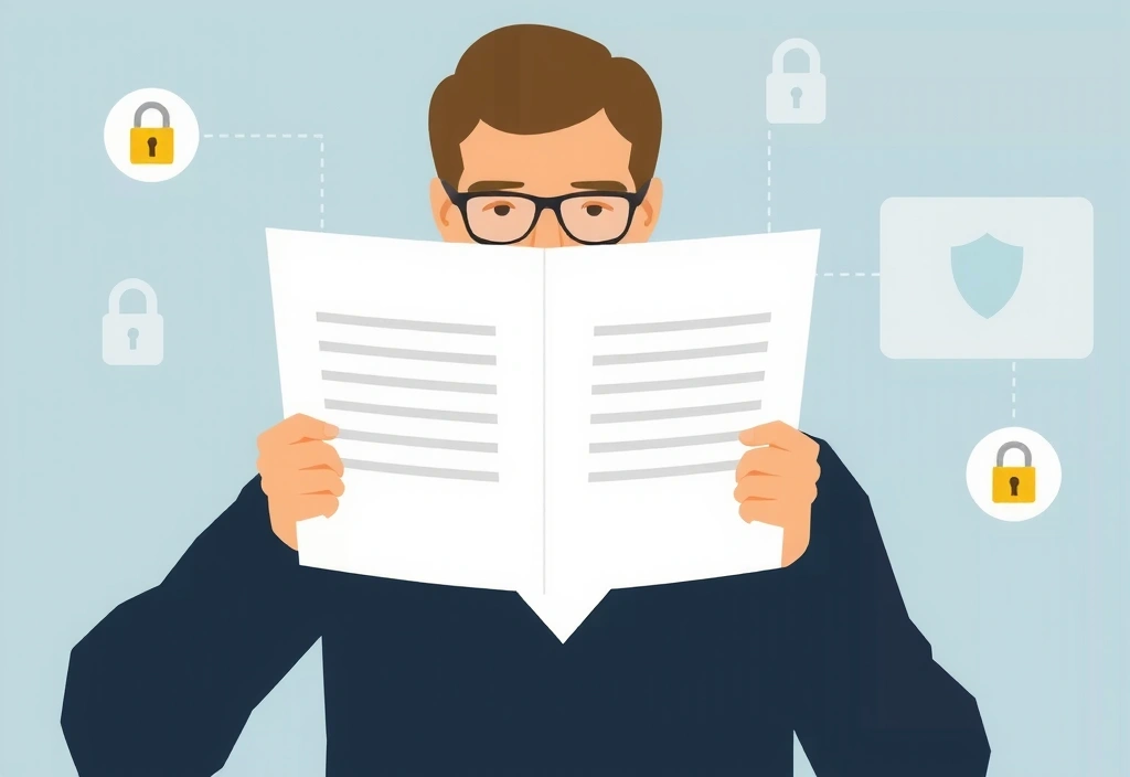 Εικονογράφηση ατόμου που διαβάζει έγγραφο με σύμβολα ασφαλείας, απεικονίζοντας τη διαφάνεια στην πολιτική απορρήτου.