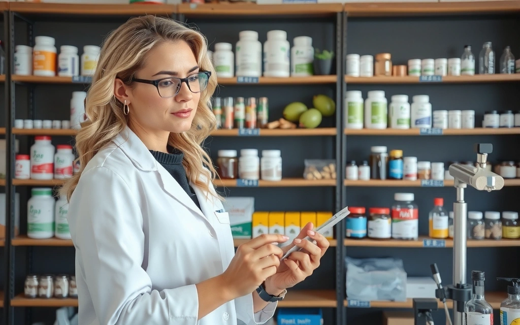 Μια γυναίκα που εξετάζει προσεκτικά τα συστατικά σε ένα εργαστήριο ή ένα κατάστημα υγιεινής διατροφής, με φόντο ράφια γεμάτα με συμπληρώματα και φυσικά προϊόντα. Η εικόνα πρέπει να εκφράζει εμπιστοσύνη και ειδίκευση.