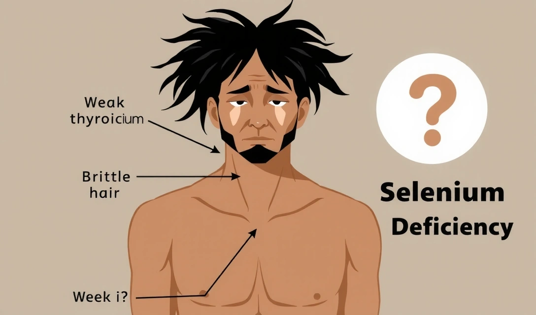 Εικόνα που απεικονίζει συμπτώματα έλλειψης σεληνίου, όπως αδυναμία ή προβλήματα θυρεοειδούς